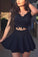 Two Pieces V-neck Black Cap Sleeve Homecoming Dresses