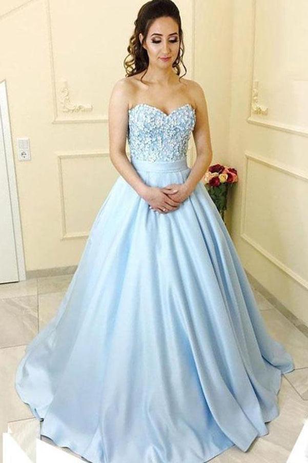 Delicate Sweetheart Blue Sweep Train Ball Gown Satin With Appliques Prom Dresses