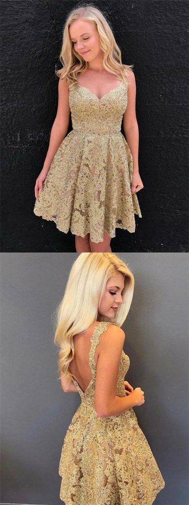 Unique V-Neck Homecoming Dresses Lace Leanna Sleeveless V-Back Gold CD08
