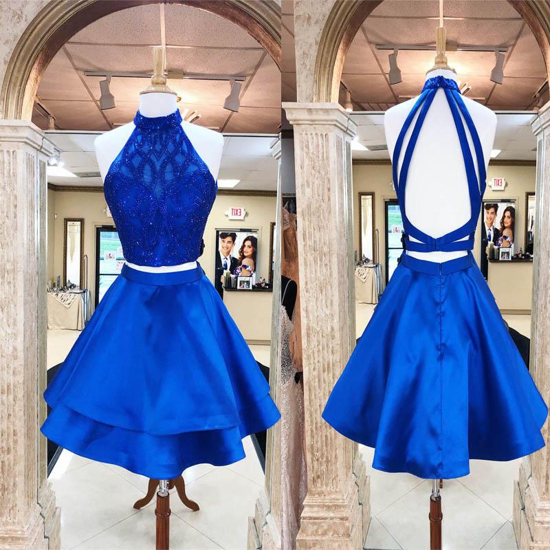 Sparkly Halter Ingrid Homecoming Dresses Royal Blue Two Piece Cute CD09