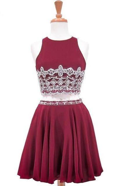 Sweet Party A-Line Scoop Neck Sleeveless Homecoming Dresses Chiffon Monica Beaded Crystals Burgundy Two Piece Short CD10031