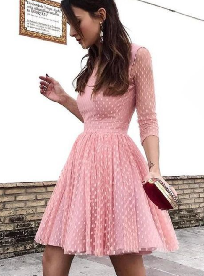 Round Pink Pat Cocktail Homecoming Dresses Neck Long Sleeves Open Back Dresses CD10083