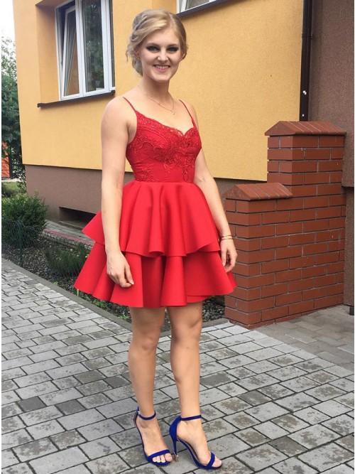 A-Line Spaghetti Straps Red Short With Natalia Lace Homecoming Dresses Satin CD10258