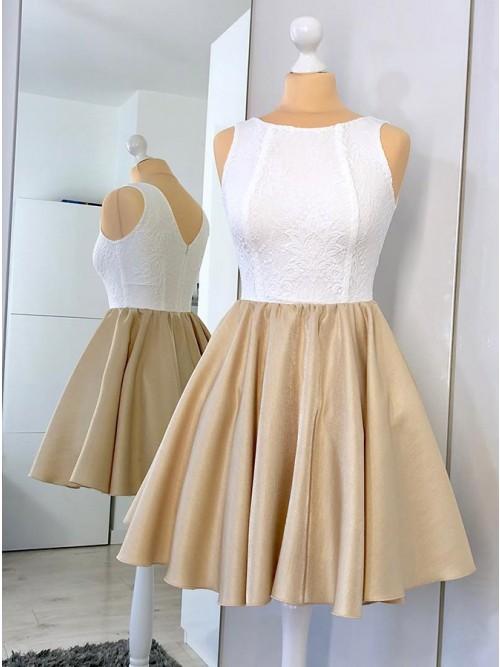 A-Line Round Neck Light Homecoming Dresses Helena Lace Champagne Short With CD10265