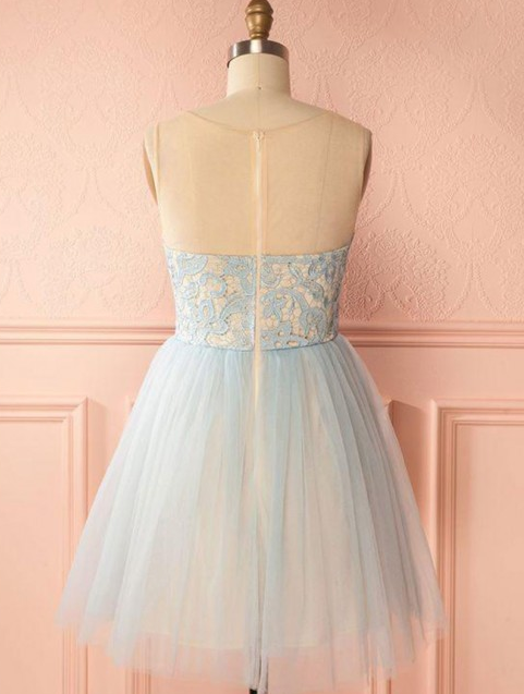 A-Line Round Lace Setlla Homecoming Dresses Neck Backless Light Blue With CD10290