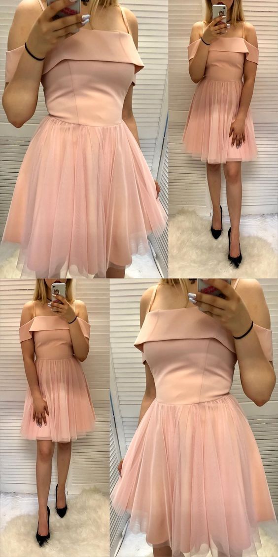 Spaghetti Homecoming Dresses Pink A Line Sandra Straps Short With Ruffles CD1047