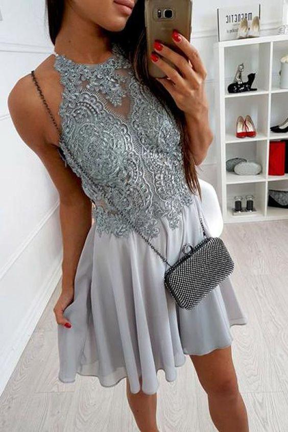 Appliqued Bodice Short Grey Formal Dresses Lace Chiffon Amira Homecoming Dresses CD1050