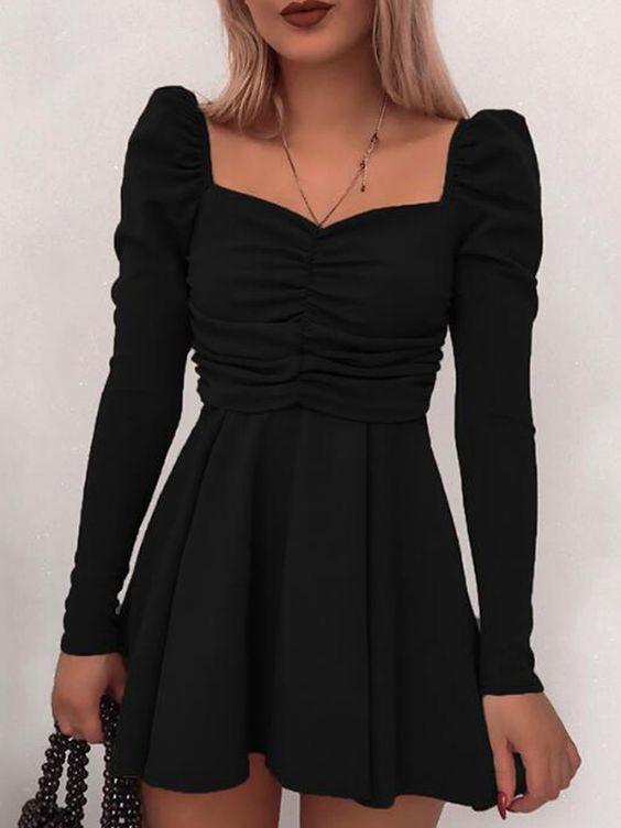Black Pleated Square Neck Puff Sleeve Party Mini Dress Jordin Homecoming Dresses CD10831