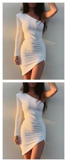 One Shoulder White Homecoming Dresses Sally Long Sleeve CD10904