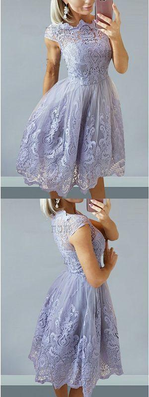 A-Line Bateau Homecoming Dresses Olive Cap Sleeves Lilac With Appliques CD1107