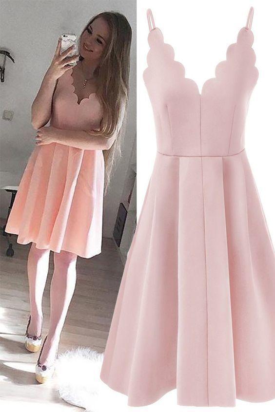 Spaghetti Short Homecoming Dresses A Line Satin Pink Brynlee CD1109