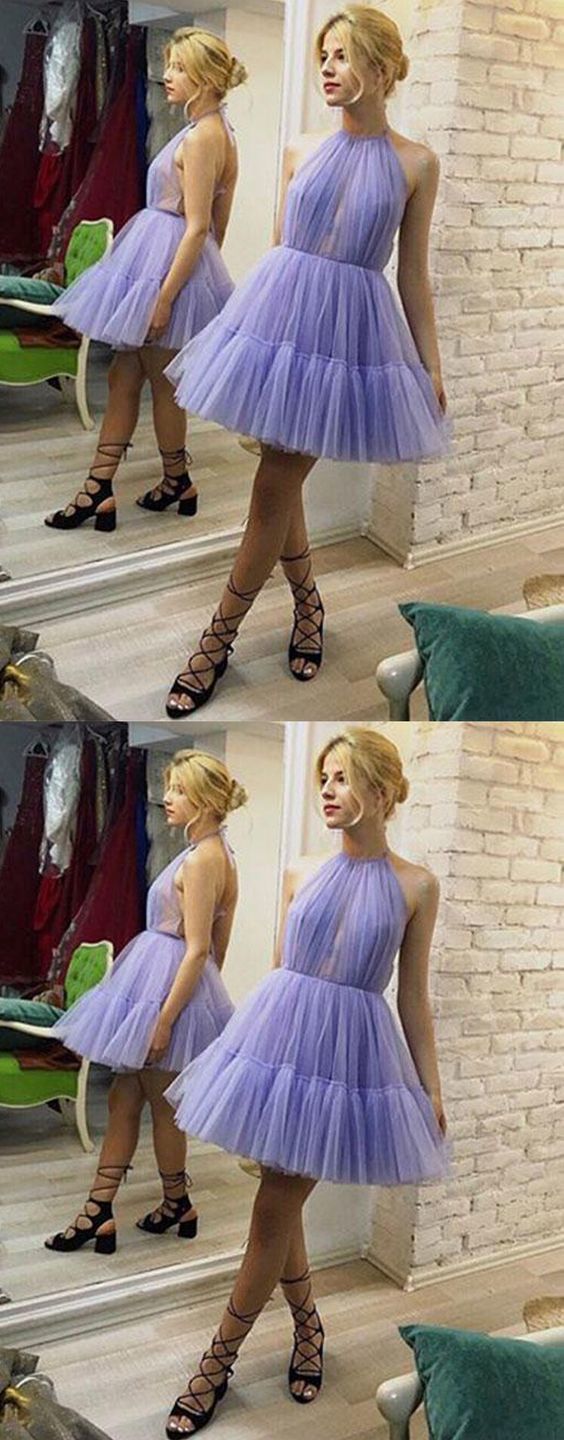 Unique A-Line Halter Savannah Homecoming Dresses Backless Pleated Lavender Tulle Formal CD1122