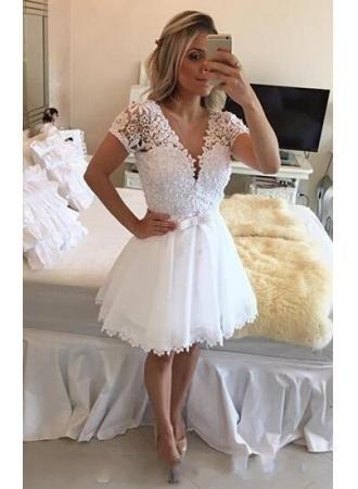 White Homecoming Dresses Sarai Lace Short Short Sleeves V Neck Beaded Top CD11578
