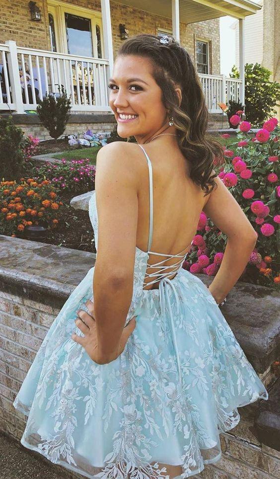 Spaghetti Straps Light Sky A Line Homecoming Dresses Adelaide Blue With Appliques CD11587