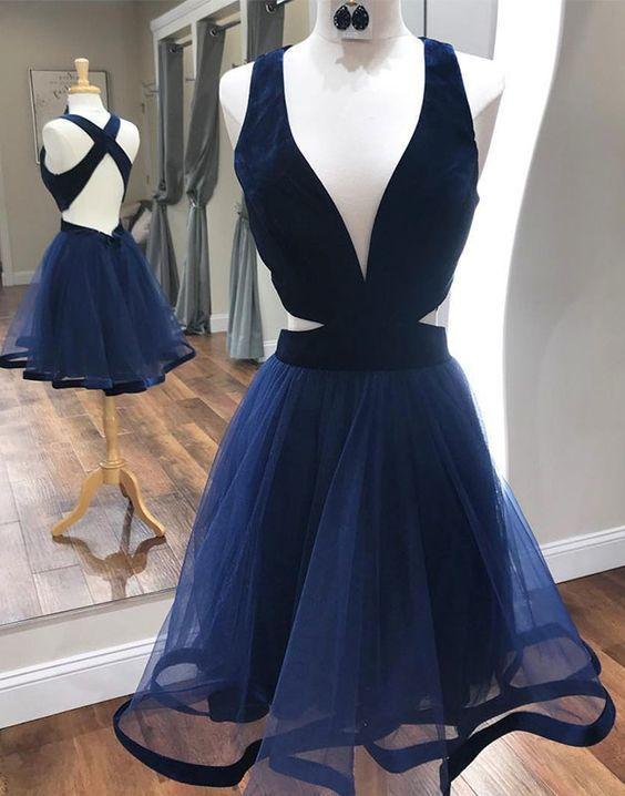 Deep V-Neck Sexy Dresses With Criss Cross Back Navy Blue Cocktail A Line Hedwig Homecoming Dresses CD11695