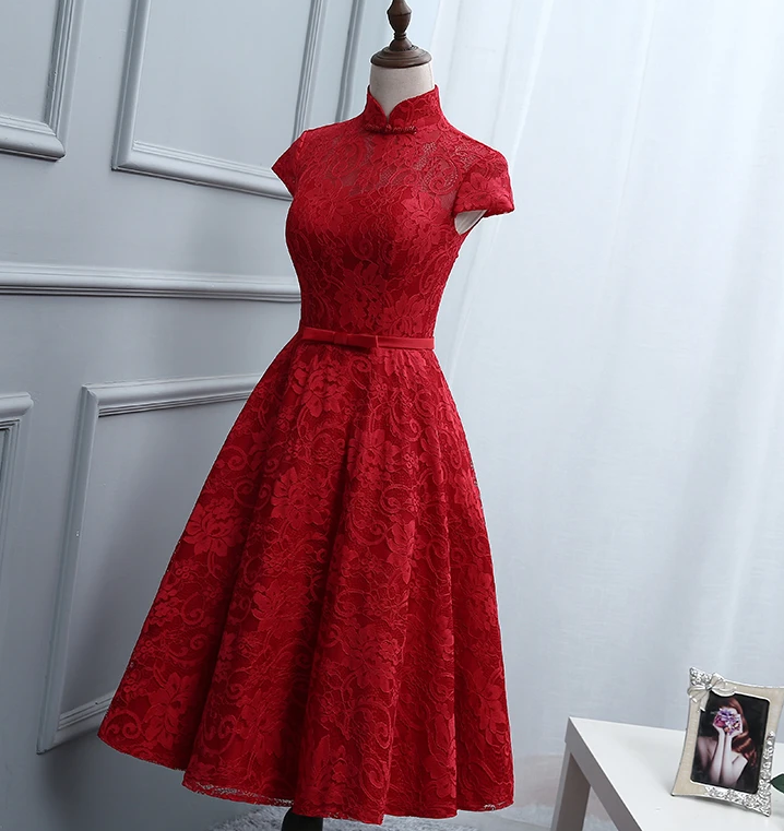 Red Knee Length High Neckline Party Dress Homecoming Dresses Lace Penelope CD11726