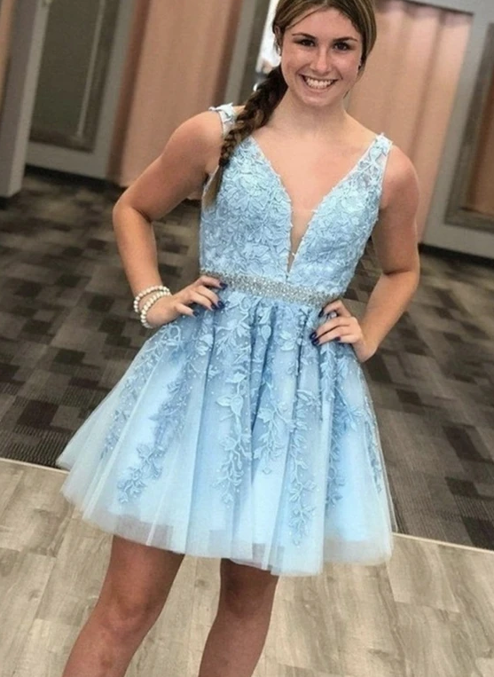 Blue V Neck Tulle Short Party Dress Homecoming Dresses Peggie Lace Short CD11811