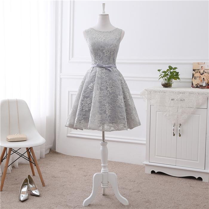 Cute Short Grey Briesmaid Dress Knee Homecoming Dresses Lace Giselle Length CD11848