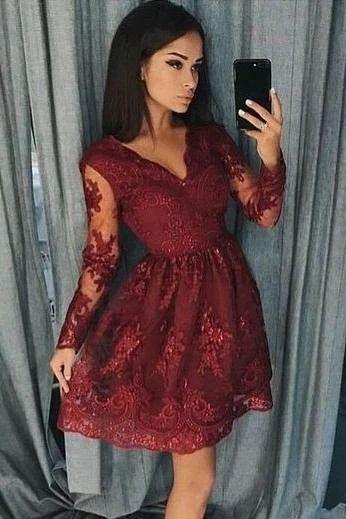 Burgundy Long Sleeve Aliana Homecoming Dresses Lace Dress CD12110