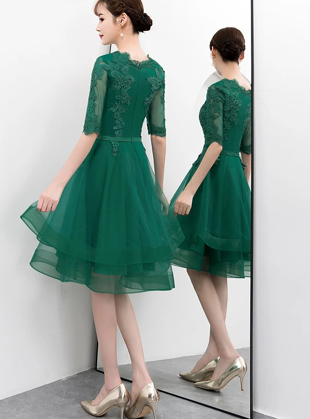 Charming Dark Green Tulle Knee Length Short Sleeves Party Dress Britney Homecoming Dresses CD12151