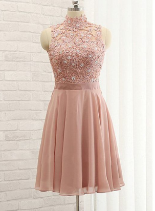 A-Line High Neck Short Dress Homecoming Dresses Ashlee Pink Lace Short Dresses Cheap CD1224