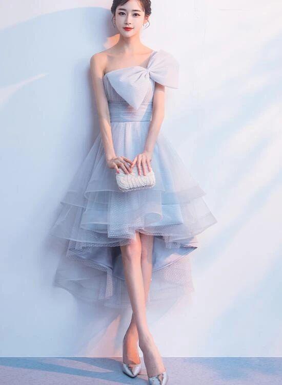 Grey Tulle One Shoulder High Salma Homecoming Dresses Low Party Dress Grey With Bow CD12262