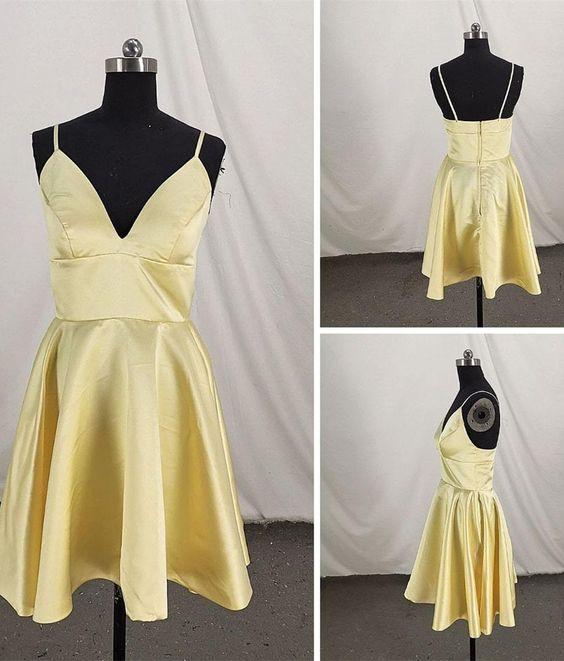 Cute Straps Knee Satin Homecoming Dresses Diana Length Party Dress Light Yellow CD12264
