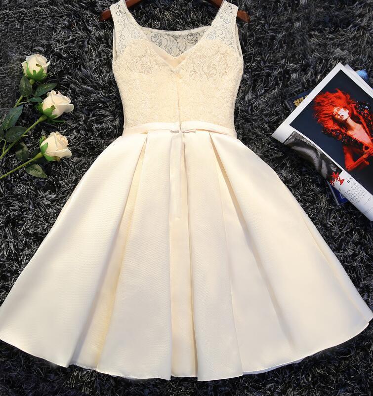 Round Neckline Homecoming Dresses Lace Ivory Satin Amani Knee Length Party Dress CD12555