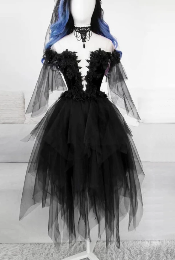 BLACK ROUND NECK TULLE LACE SHORT DRESS BLACK EVENING DRESS Aniyah Homecoming Dresses CD12838