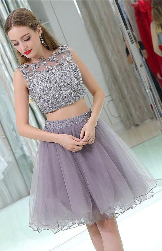 Two Pieces Lace Ina Homecoming Dresses Gray CD1291