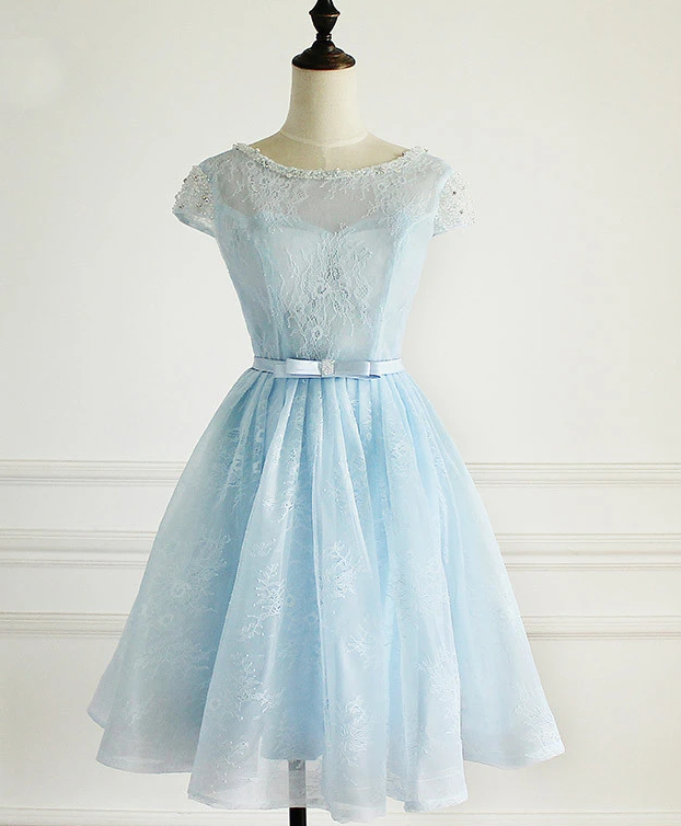 Light Homecoming Dresses Lace Aliana Blue Cap Sleeves Cute Short Party Dress Blue CD12963