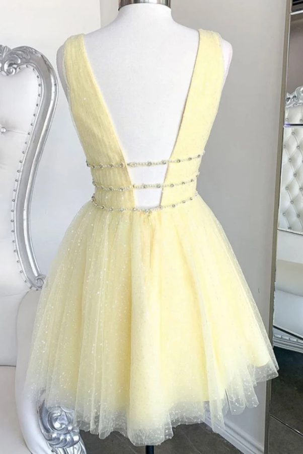 Homecoming Dresses Cassidy YELLOW V NECK TULLE SEQUIN SHORT CD12966