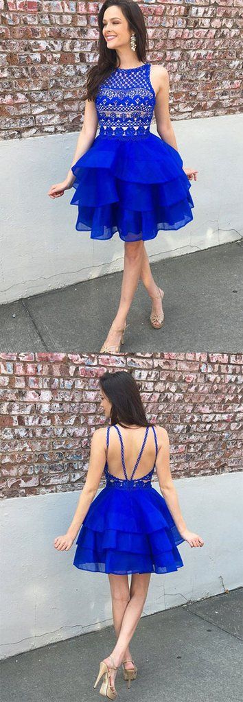 Cute Organza Skirt A-Line Top Short Homecoming Dresses Royal Blue Lace Shaylee CD1305