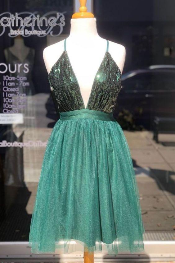 Hunter Green Homecoming Dresses Aliyah Sequins And Tulle Short CD13155