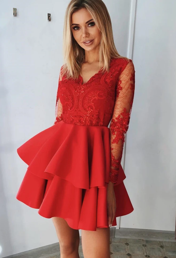 Long Sleeves Red Formal Homecoming Dresses Lace Louisa Graduation CD13224