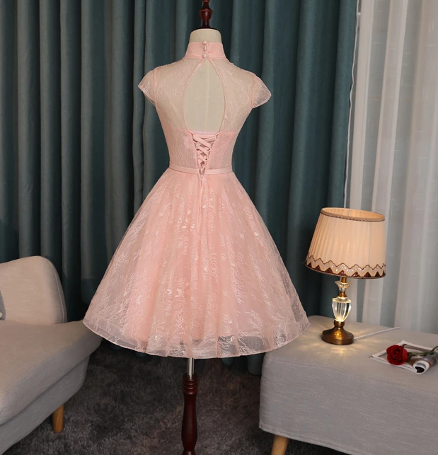 Pink Homecoming Dresses Muriel Lace High Neckline Short Lovely Formal Dresses CD13255