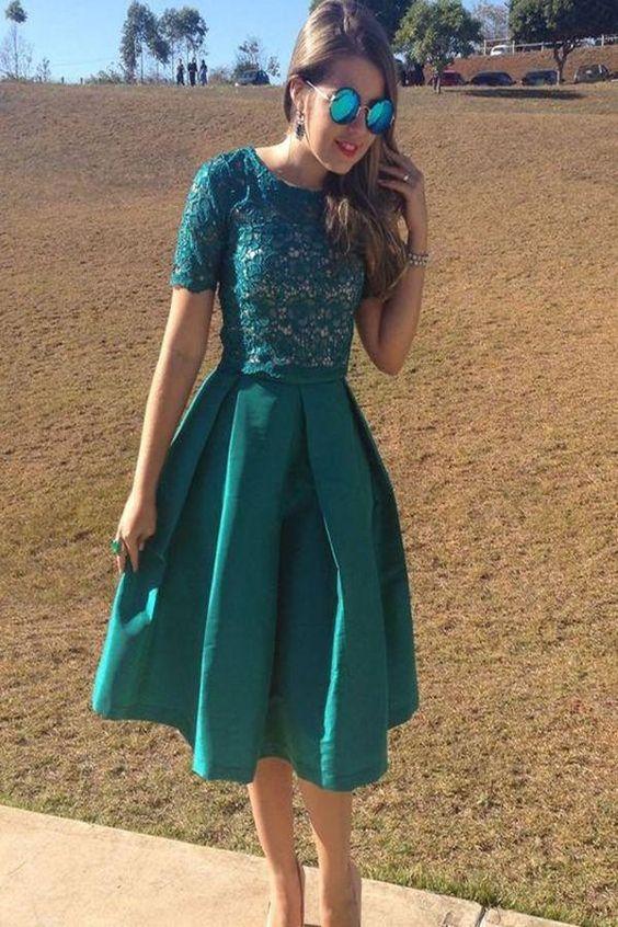 Green Scoop Lace Homecoming Dresses Amanda Knee-Length Short CD1367