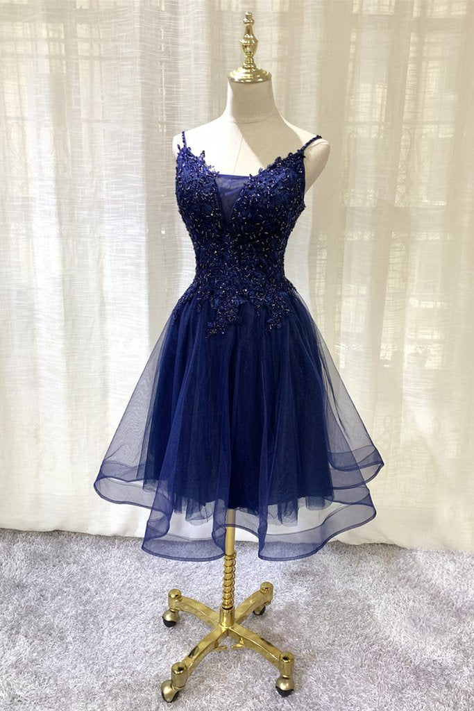 Navy Blue V-Neckline Tulle Short Lace Homecoming Dresses Macie Applique Short Party Dress CD13782