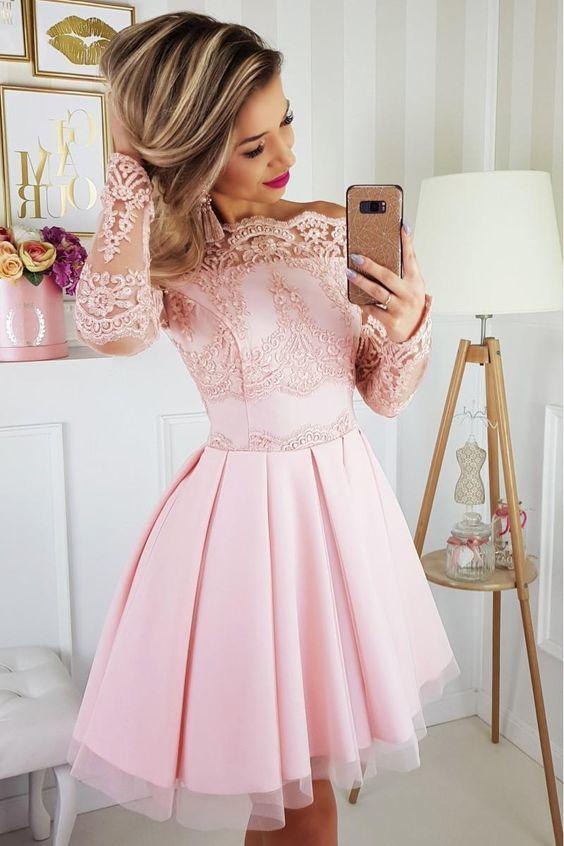 Appliques Short Dress Tulle Siena Pink Homecoming Dresses Long Sleeve Short CD1382
