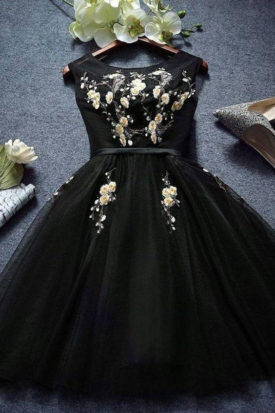 Black Scoop Homecoming Dresses A Line Stephany Tulle With Applique CD13890