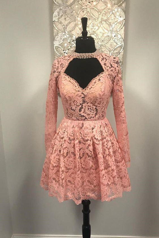 Sweetheart Lace Olive Homecoming Dresses Pink Long Sleeves Short CD14021