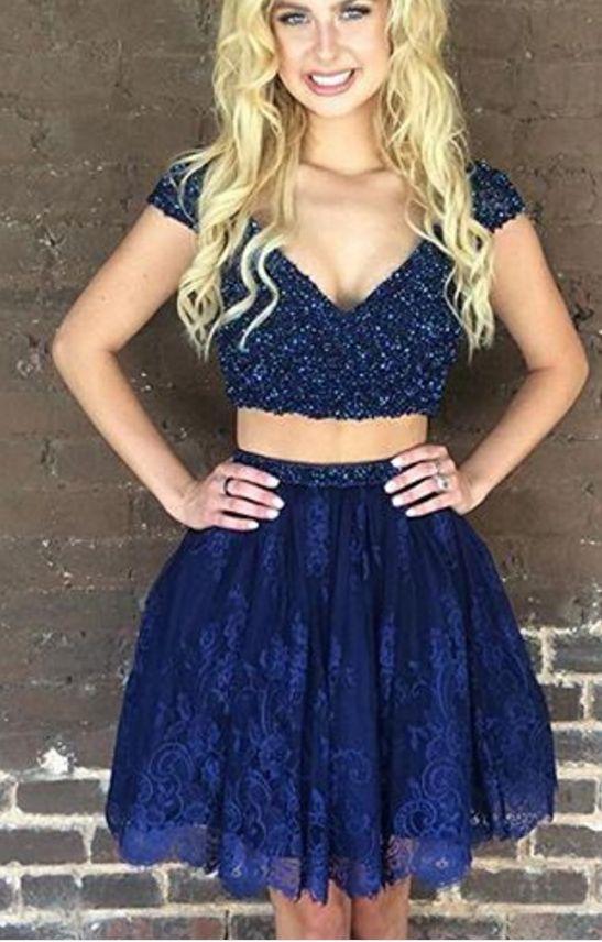 Blue Beaded Two Pieces Lace Homecoming Dresses Cheyanne CD14212