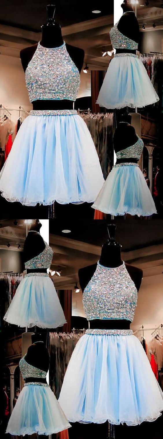 Two Piece Paige Homecoming Dresses A-Line Halter Organza Beaded Short Light Blue CD146