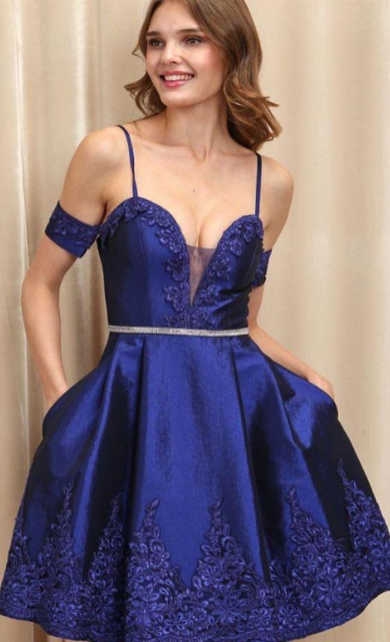 Spaghetti Akira A Line Royal Blue Homecoming Dresses Straps With Appliques CD1463