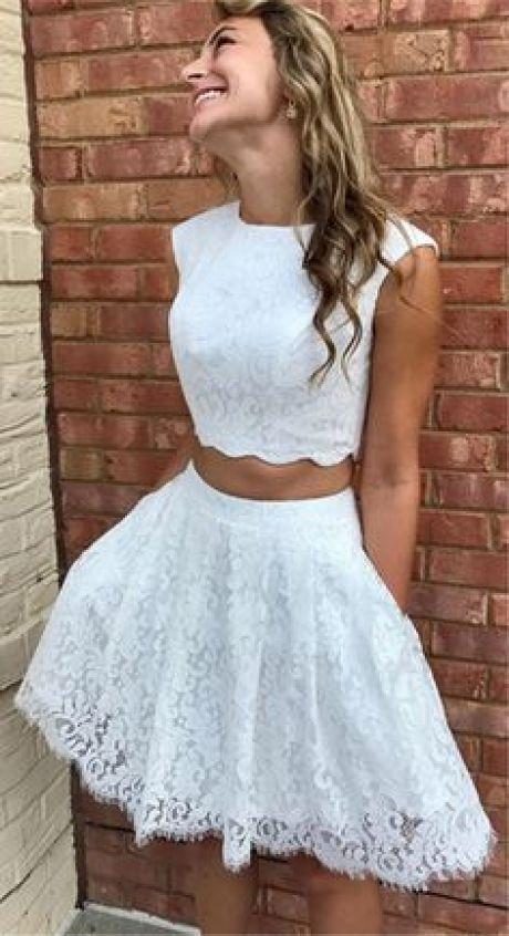 Lace Homecoming Dresses Bailee Two Piece Crew Above-Knee White With Pockets CD1464