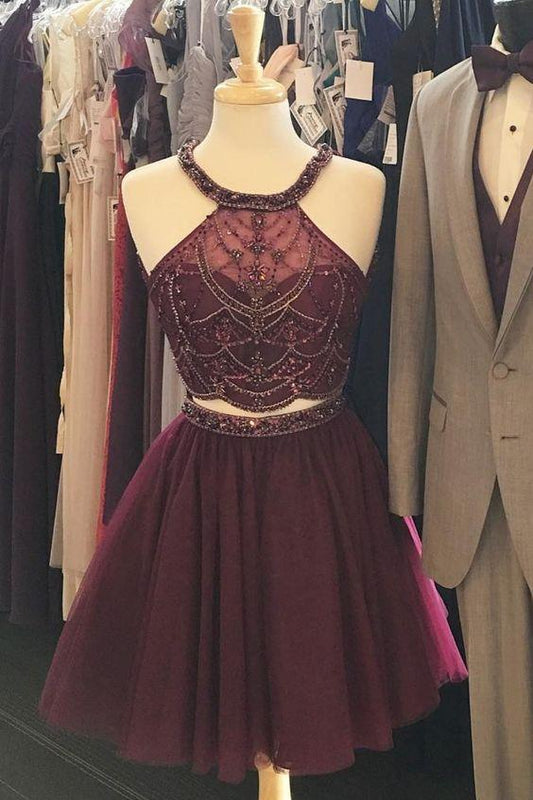 Halter Homecoming Dresses Miya Two Piece Burgundy Beaded Party Dresses CD1484