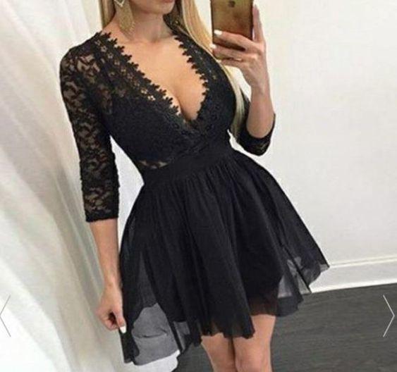 A-Line Deep V-Neck Lace Kinley Chiffon Homecoming Dresses 3/4 Sleeves Black Short With CD15012