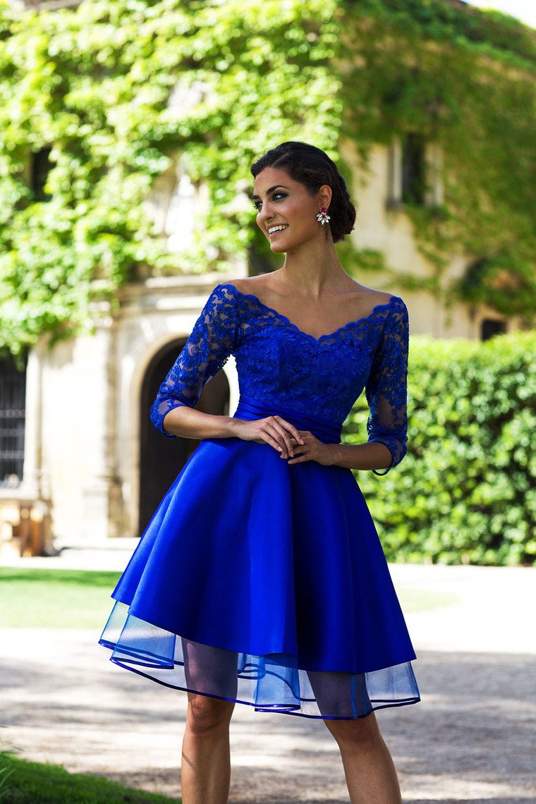 2024 V Neck 3/4 Length Sleeves With Applique Tulle Satin Homecoming Dresses Michaelia A Line & CD1502