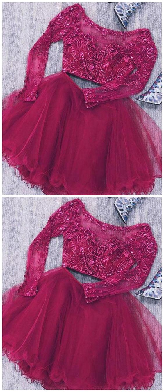 Two Piece Long Sleeves Tulle Short With Lace Homecoming Dresses Gwendoline Beads CD1507