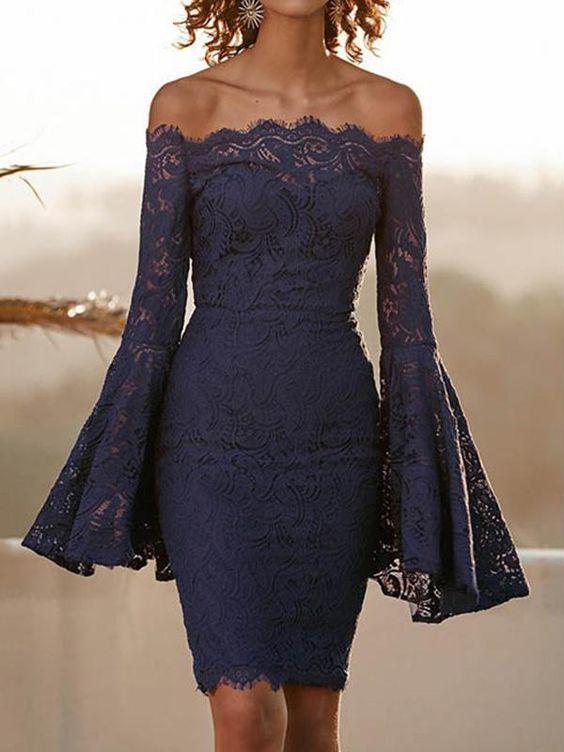 Jewel Lace Homecoming Dresses Sexy Flared Sleeves Bodycon Off-The-Shoulder Midi Dress CD15506